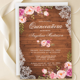 Convite Russo Quinceanera Wood Lace Pink Floral