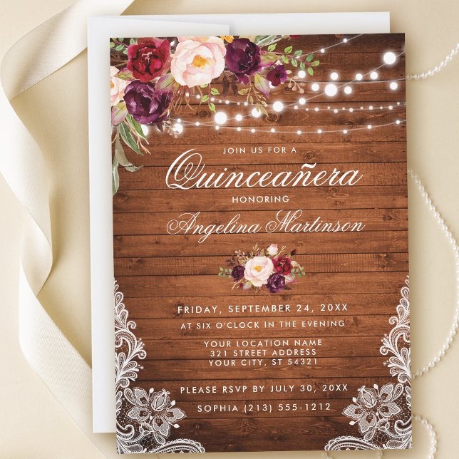 Convite Russo Quinceanera Wood Lights Lace Floral (Customize to add more text or photos to back of card.)