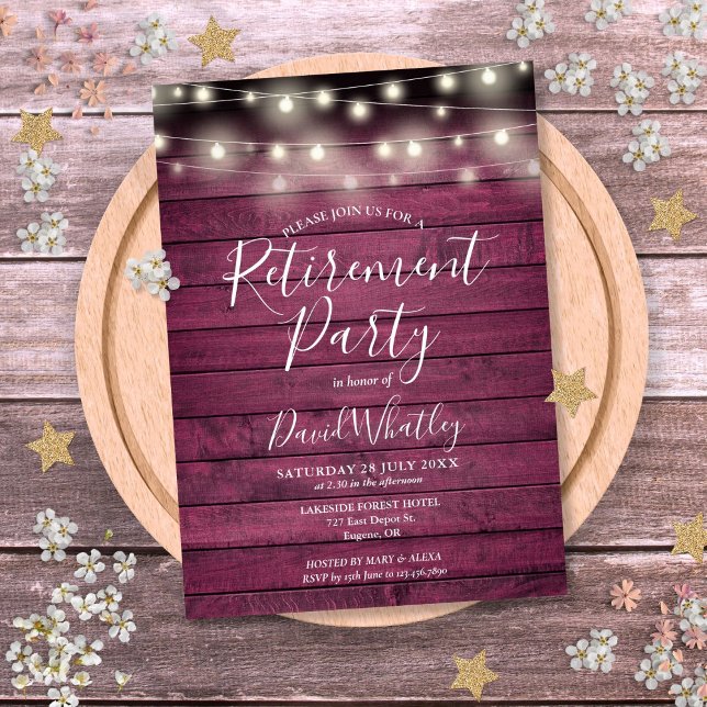 Convite Russo Red Wood String Lights Retirement Party (Rustic Red Wood String Lights Retirement Party Invitation)