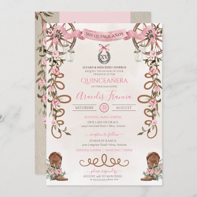 Convite Russo Rosa Boho Ocidental Charra Quinceanera (Frente/Verso)