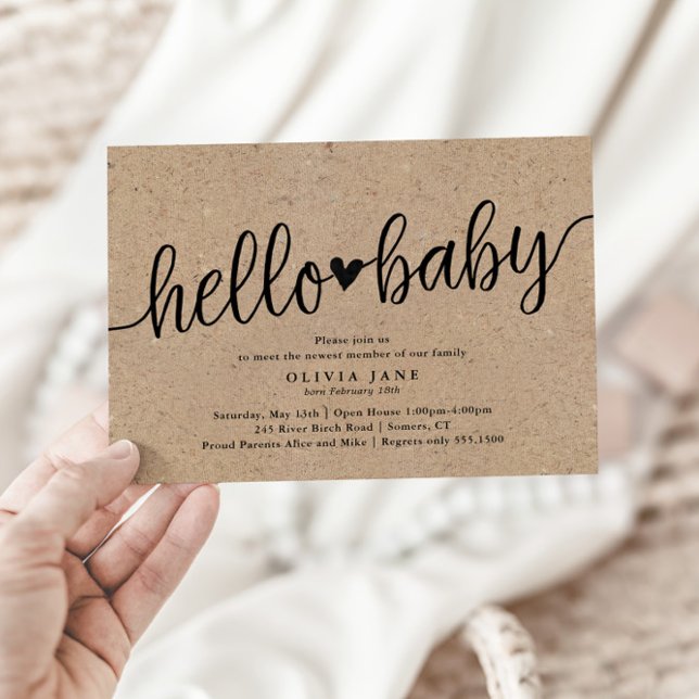 Convite Russo Script Kraft Hello Baby Sip and See Chá (Criador carregado)