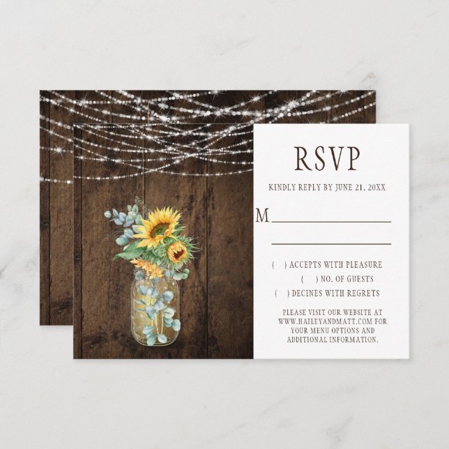 Convite Russo String Luz Sunflower Mason Jars RSVP (Frente/Verso)