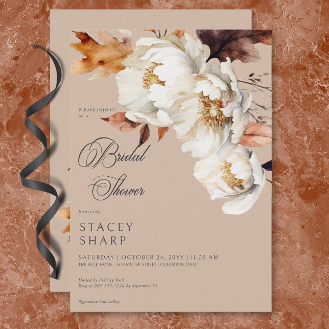 Convite Russo Tan & Cream Fall Floral & Chá (Rustic Tan & Cream Fall Floral & Leaves Shower Invitation)
