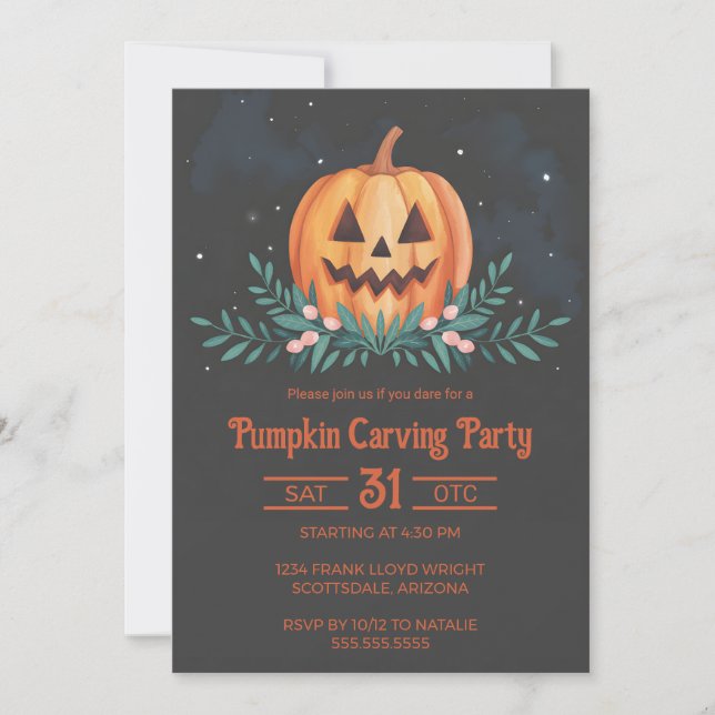 Convite Russo Watercolor Pumpkin Carving Party Halloween (Frente)