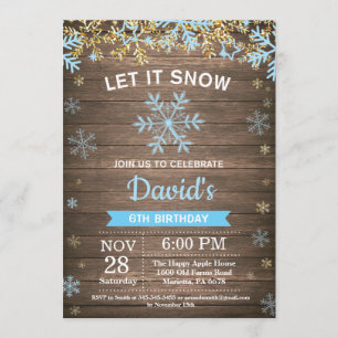 Convite Russo Winter Snowflake Blue e Dourado Boy Birthday