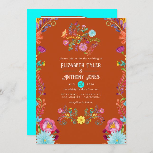 Convite Rust & Aqua Floral Mexican Fiesta Wedding (Frente/Verso)
