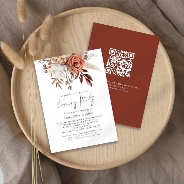 Convite Rust Florals QR Code Wedding Party (Front and back view)