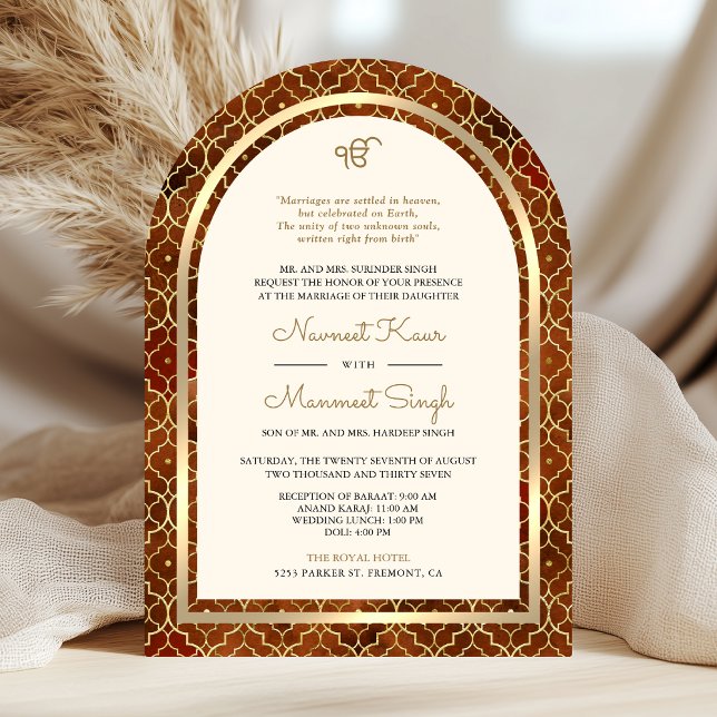 Convite Rust Gold Marroquino Código QR Sikh Arco Casamento (Criador carregado)
