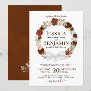 Convite Rust Orange Floral Wreath Elegant Boho Wedding