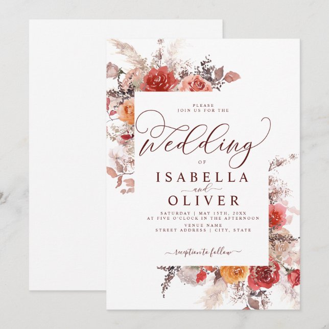 Convite Rust Red Burnt Orange BohoTerracotta Wedding Invit (Frente/Verso)