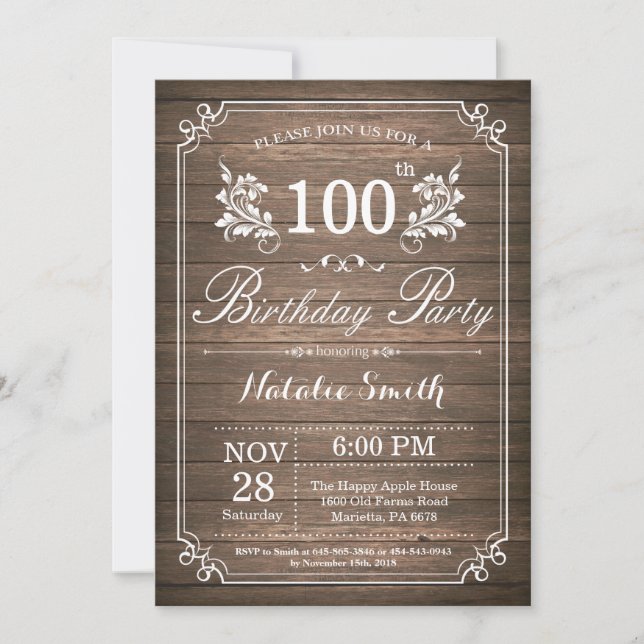 Convite Rustic 100th Birthday Invitation Floral (Frente)