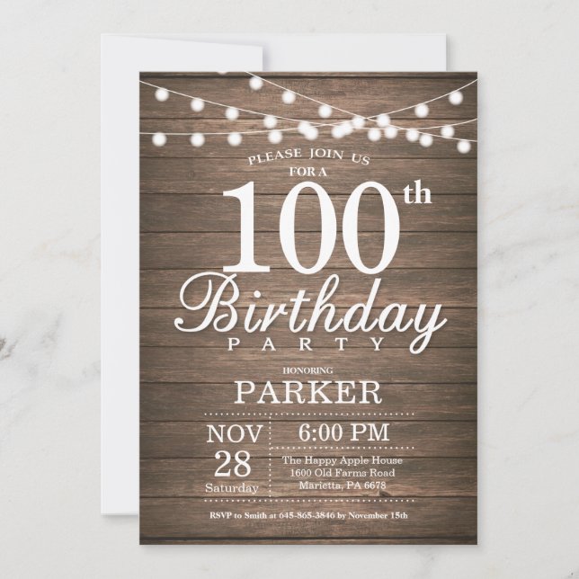 Convite Rustic 100th Birthday Invitation String Lights (Frente)