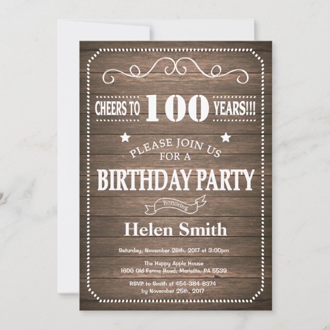 Convite Rustic 100th Birthday Invitation Vintage Retro (Frente)