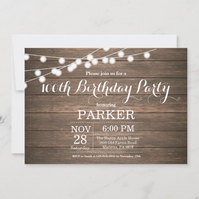 Convite Rustic 100th Birthday Invitation Wood (Frente)