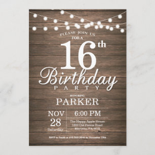 Convite Rustic 16th Birthday Invitation String Lights Wood