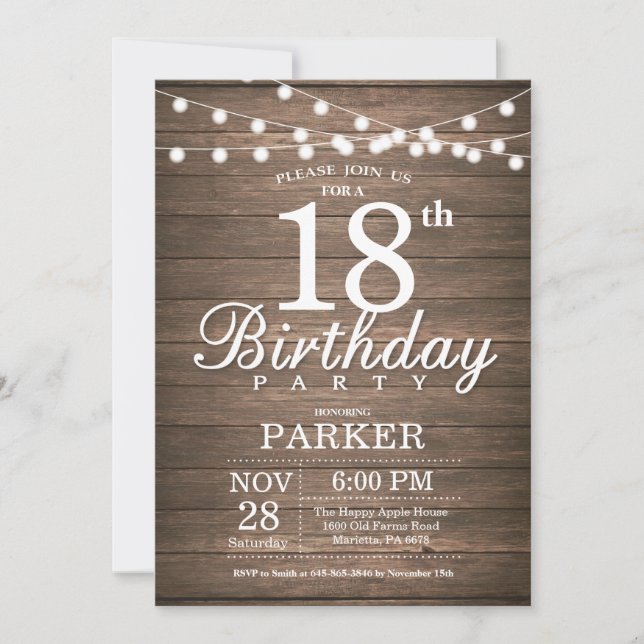 Convite Rustic 18th Birthday Invitation String Lights Wood (Frente)