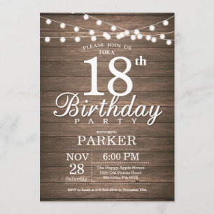 Convite Rustic 18th Birthday Invitation String Lights Wood