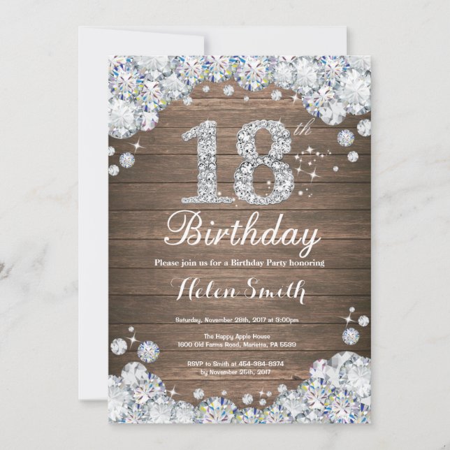 Convite Rustic 18th Birthday Silver Diamond (Frente)
