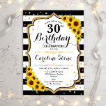 Convite Rustic 30th Birthday - Sunflowers Stripes<br><div class="desc">30th Birthday Invitation. Elegant design with sunflowers,  faux glitter gold and black & white stripes. Features stylish script font and confetti. Perfect for an elegant birthday party. Customize with your own details.</div>