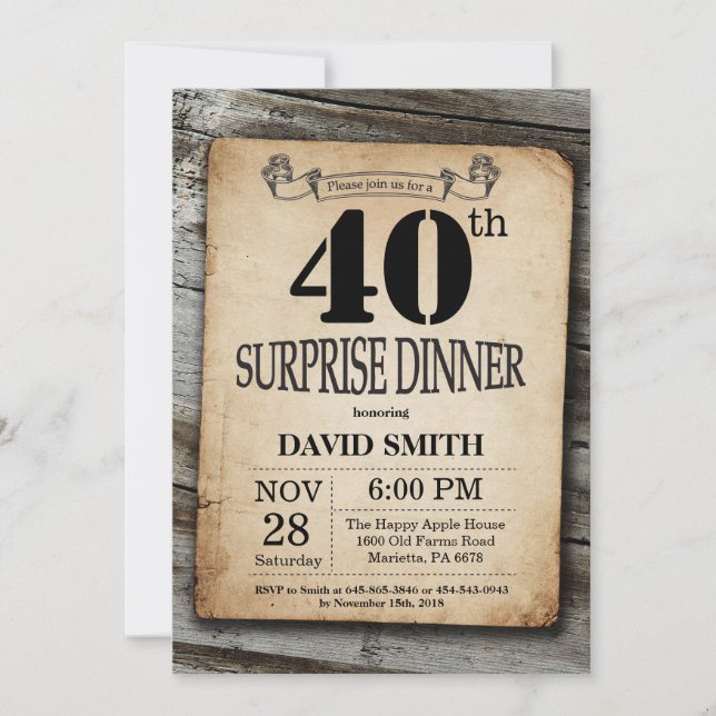 Convite Rustic 40th Surprise Birthday Dinner Vintage Wood (Frente)