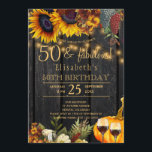 Convite Rustic 50 e fabulosos anos outono 50 anos<br><div class="desc">O ouro amarelo e o outono cor de laranja enferrujado caem girassóis, dois copos de vinho tinto, uvas, e uma abóbora aquarela com cordas de ouro brilhando sobre um fazer de fundo de madeira marrom-escura um chic elegante 50 anos fabulosos convite de aniversário com um roteiro de tipografia dourada. Fácil...</div>