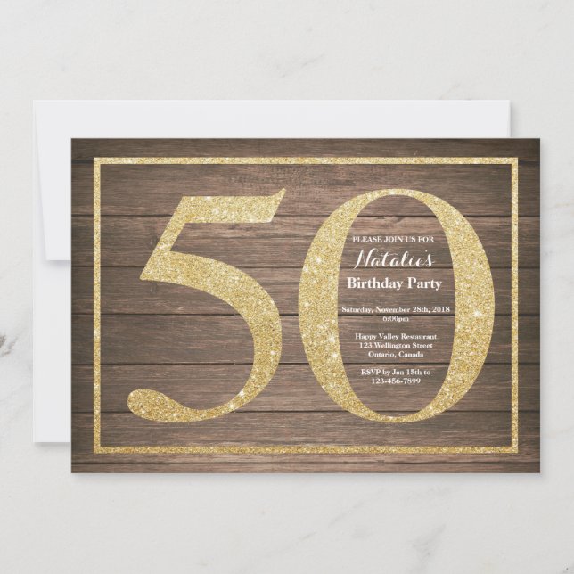 Convite Rustic 50th Birthday Invitation Glitter Dourado (Frente)