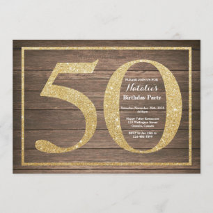 Convite Rustic 50th Birthday Invitation Glitter Dourado