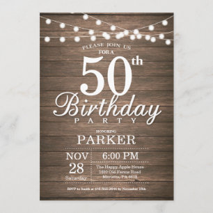 Convite Rustic 50th Birthday Invitation String Lights Wood