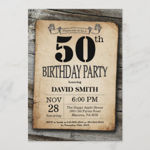 Convite Rustic 50th Birthday Invitation Vintage Wood