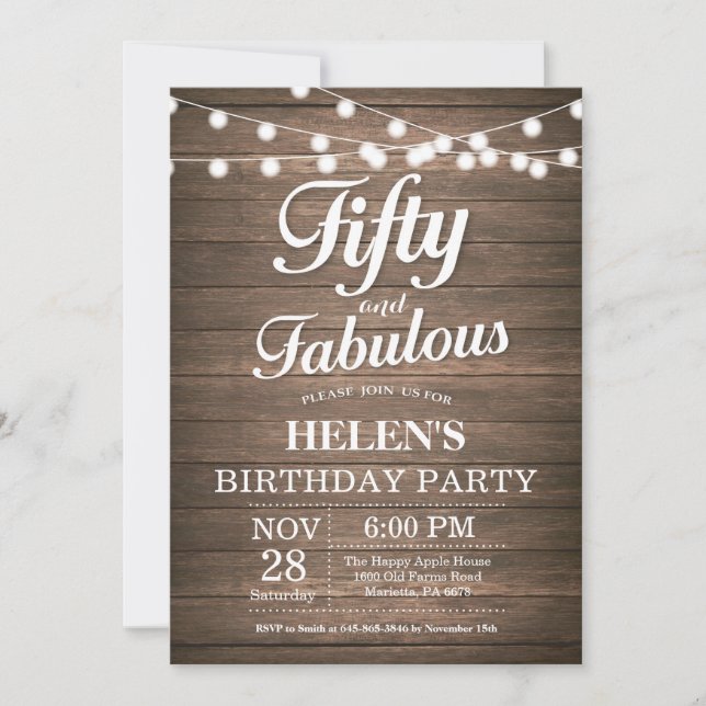Convite Rustic 50th Birthday Invitation Wood Fabulous (Frente)