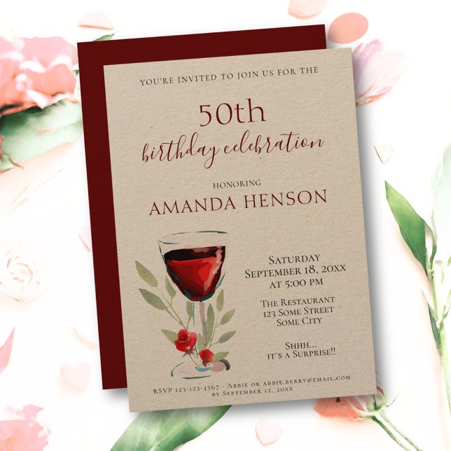 Convite Rustic 50th Birthday Red Wine Surprise Party Kraft (Criador carregado)