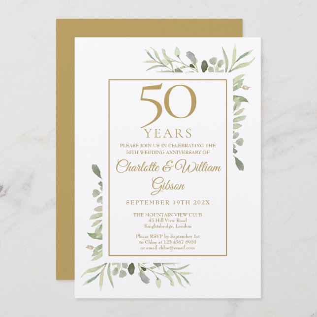 Convite Rustic 50th Ouro Wedding Anniversário Greenery (Frente/Verso)
