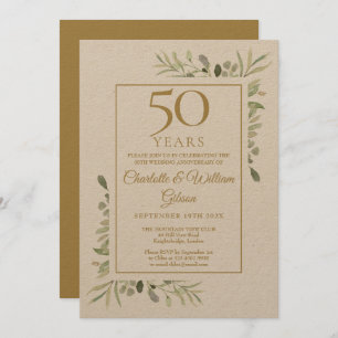 Convite Rustic 50th Ouro Wedding Anniversário Greenery