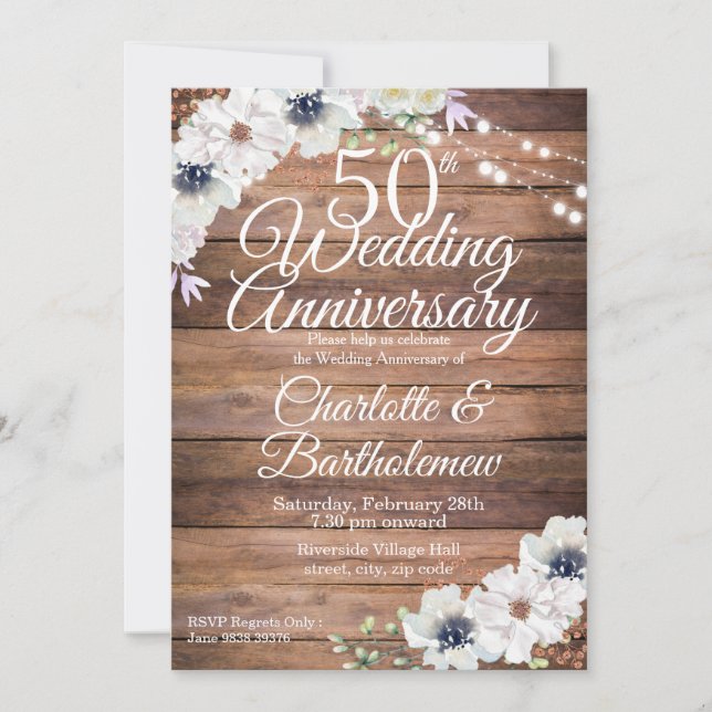 Convite Rustic 50th Wedding Anniversário Floral (Frente)