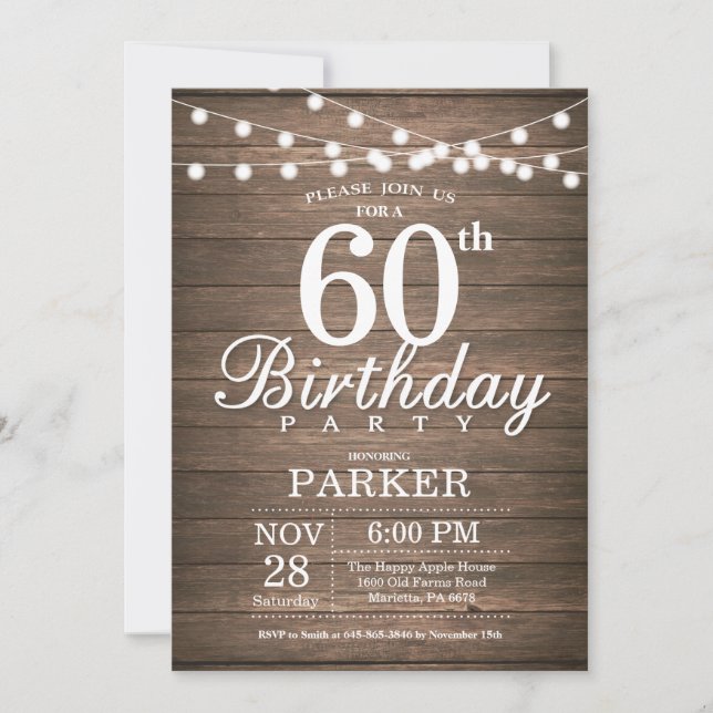 Convite Rustic 60th Birthday Invitation String Lights Wood (Frente)