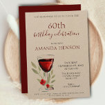 Convite Rustic 60th Birthday Red Wine Surprise Party Kraft<br><div class="desc">Rustic 60º Aniversário Red Wine Surprise Festa de aniversário Kraft Invitation. 60º convite de aniversário para ela ou para ele. Convite com um copo de vinho tinto, rosas e galhos em fundo branco. O texto é totalmente personalizável - personalize-o com o seu nome, qualquer idade - 90 40º 50º 70...</div>