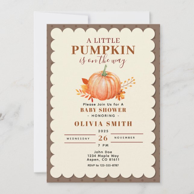 Convite Rustic a Little Pumpkin Fall Chá de fraldas Cute (Frente)