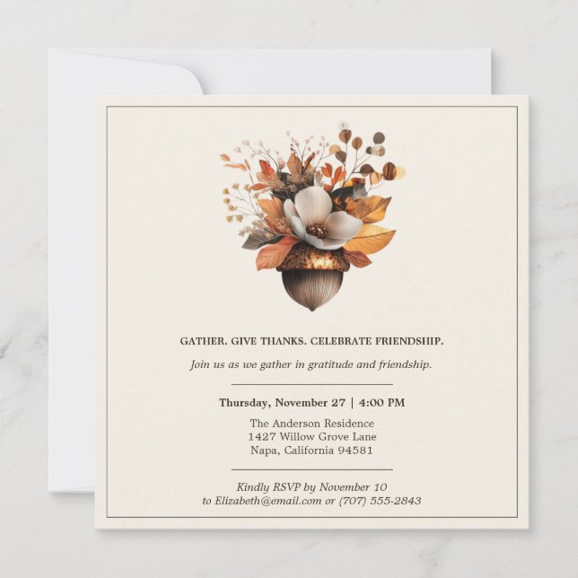 Convite Rustic Acorn Floral | Ivory Thanksgiving Dinner (Frente)