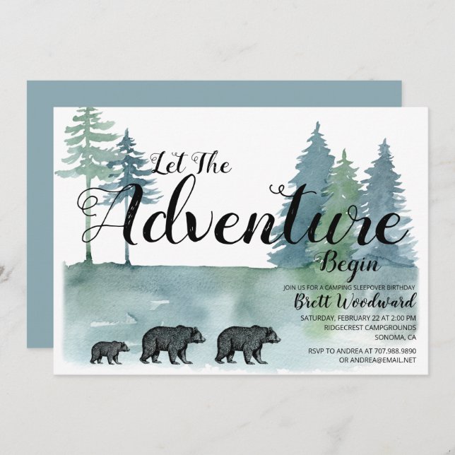 Convite Rustic Adventure Bears Boy acampando Aniversário (Frente/Verso)