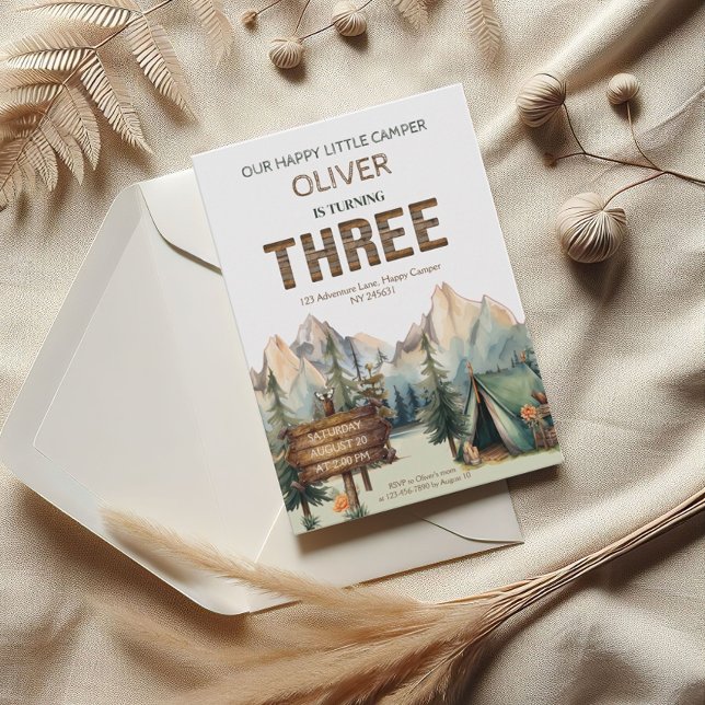 Convite Rustic Adventure Happy Camper Terceiro Aniversário (Criador carregado)