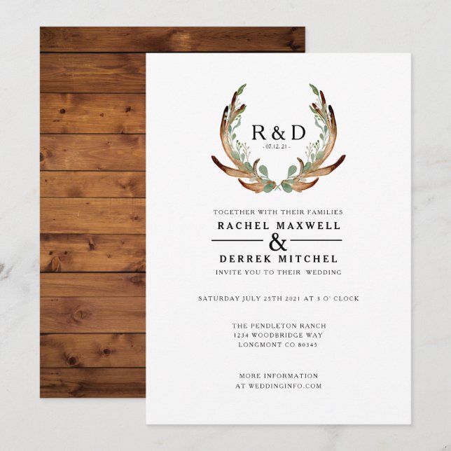 Convite Rustic Antler Watercolor | Casamento simples (Frente/Verso)