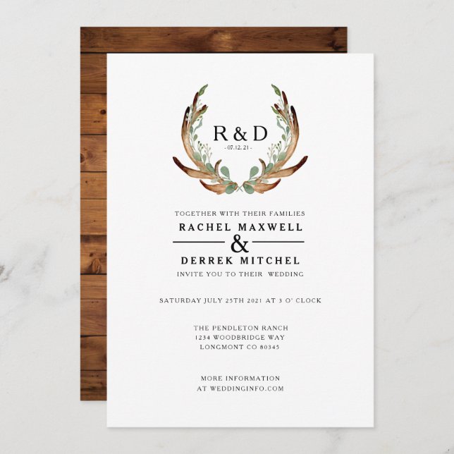 Convite Rustic Antler Watercolor | Casamento simples (Frente/Verso)