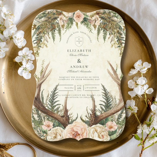 Convite Rustic Antler Woodland Floral Wedding (Criador carregado)