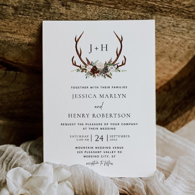 Convite Rustic Antlers Floral Boho Wedding (Criador carregado)