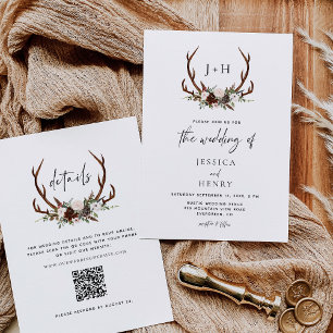 Convite Rustic Antlers Floral Boho Wedding Código QR