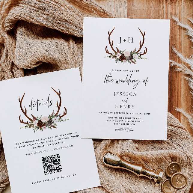 Convite Rustic Antlers Floral Boho Wedding Código QR (Criador carregado)