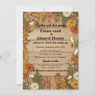 Convite Rustic Autumn Floral Wood Wedding Invitation | Fal
