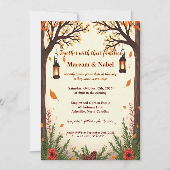 Convite Rustic Autumn Forest Lanterns Wedding Invitation | (Frente)