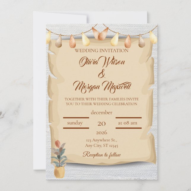 Convite Rustic Autumn Scroll Wedation | Elegante (Frente)