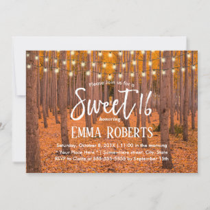 Convite Rustic Autumn Woods String Lights Sweet 16